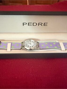 NEW Pedre Women’s Quartz Watch Purple Polka Dot Strap – Original Box Never Worn